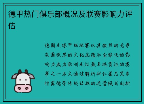 德甲热门俱乐部概况及联赛影响力评估