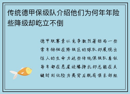 传统德甲保级队介绍他们为何年年险些降级却屹立不倒