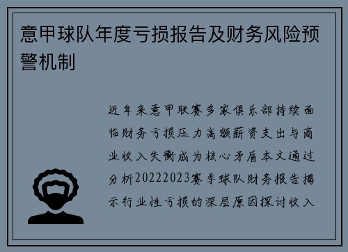 意甲球队年度亏损报告及财务风险预警机制