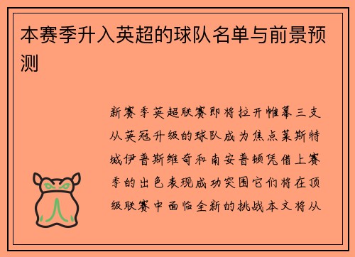 本赛季升入英超的球队名单与前景预测