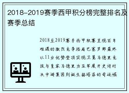 2018-2019赛季西甲积分榜完整排名及赛季总结