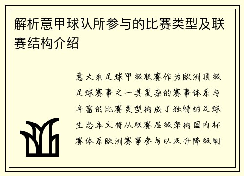 解析意甲球队所参与的比赛类型及联赛结构介绍